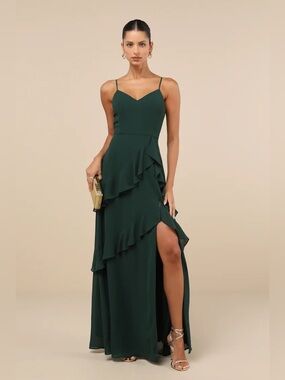 Lulus Blessed with Beauty Forest Green Ruffled Sleeveless Maxi Dress Size M
